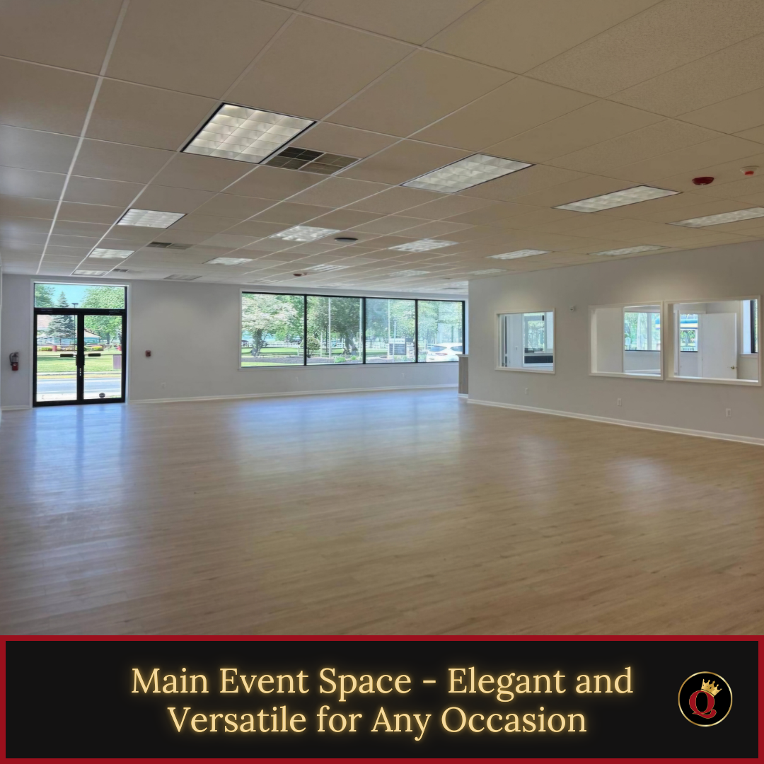 A large empty room with the words main event space elegant and versatile for any occasion
