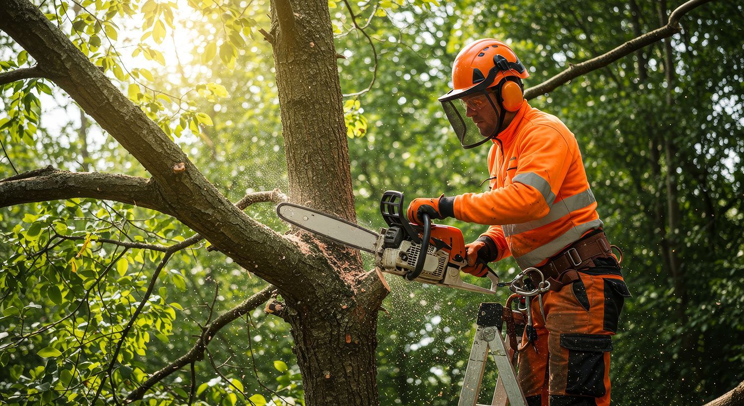 A professional arborist safely trims a tree branch using a chainsaw, wearing protective gear.