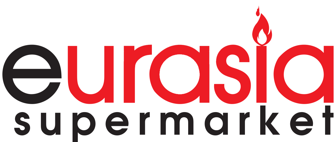 The logo for eurasia supermarket is red and black with a flame.