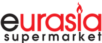 The logo for eurasia supermarket is red and black with a flame.