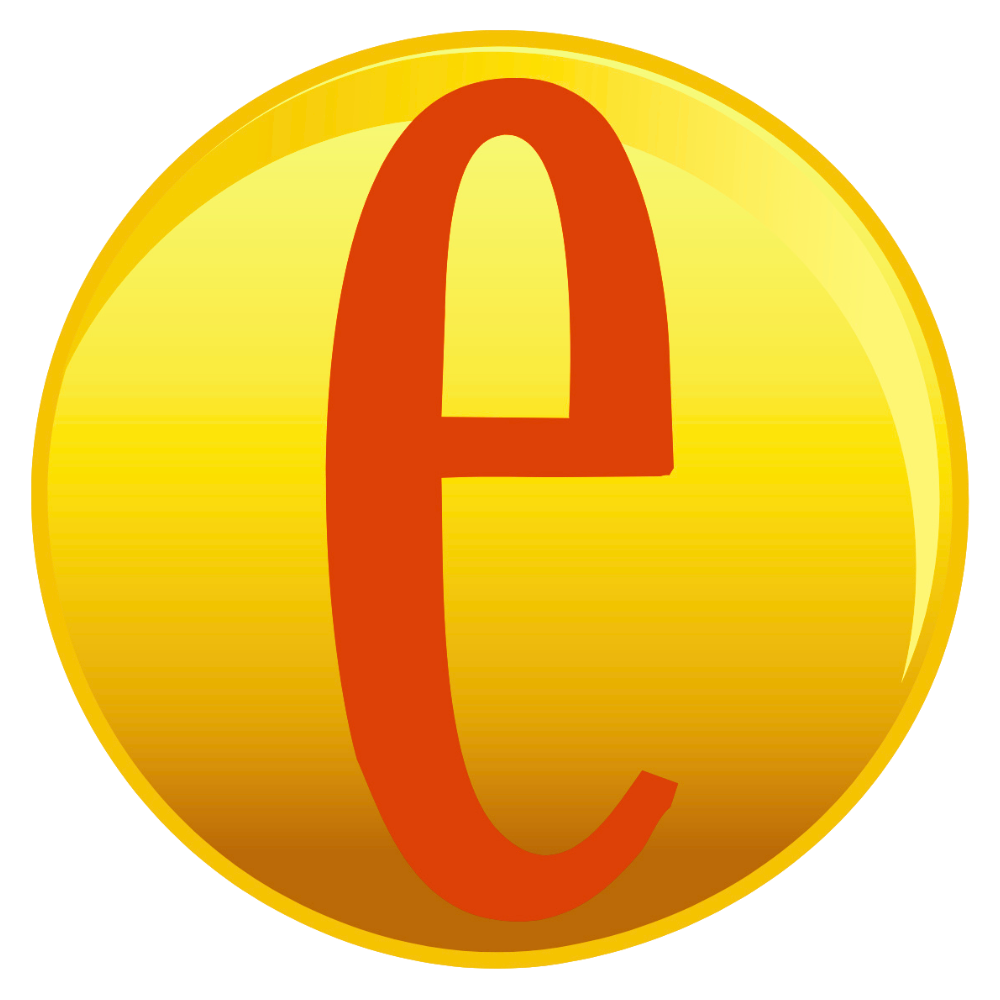 A yellow circle with a red letter e inside of it