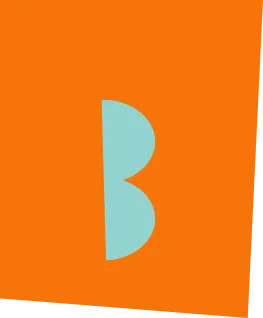 Light blue lowercase “b” on an orange background