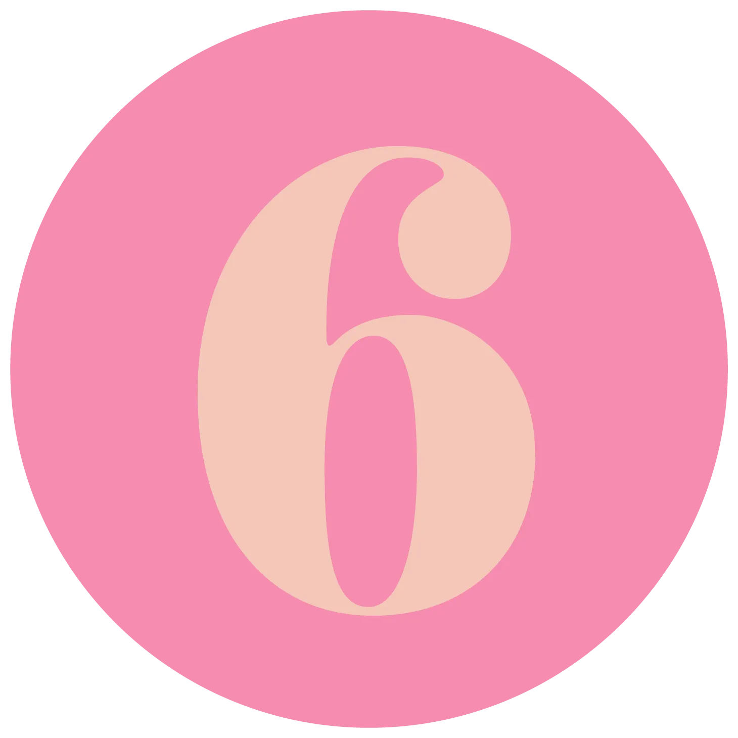 Pink circle with a pale peach stylized number 6 in the center