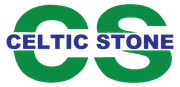 The celtic stone logo is green and blue on a white background.
