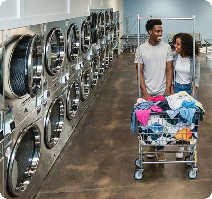 Couple smiles at each other, pushing laundry cart filled with clothes in Fresh Suds laundromat in Memphis TN.
