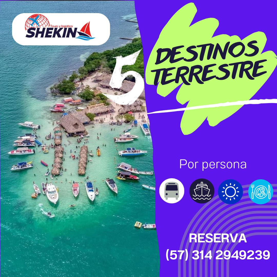 Anuncio de viajes de Shekin: 5 destinos terrestres. Barcos, aguas turquesas, paisaje de playa y número de teléfono.