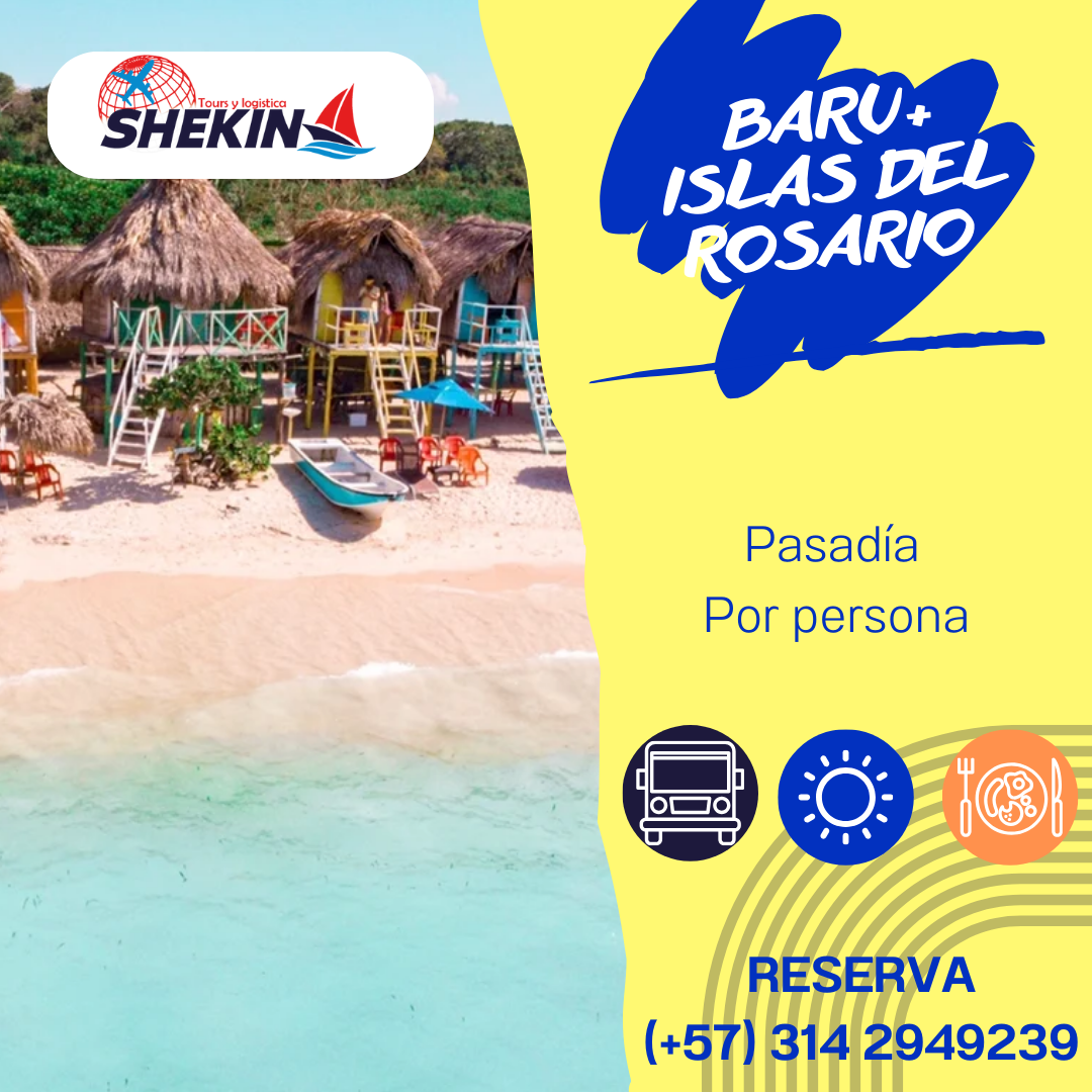 Anuncio de excursiones de un día a Barú e Islas del Rosario, Colombia. Playa con cabañas, barco