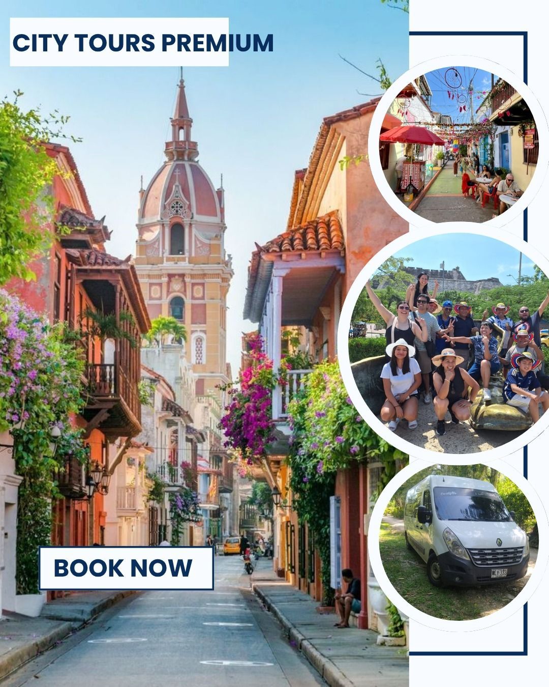 Anuncio de city tour: Calle en Cartagena, Colombia con fotos de personas y camioneta.