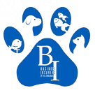 A blue paw print with a dog , cat , fish and bird on it.
