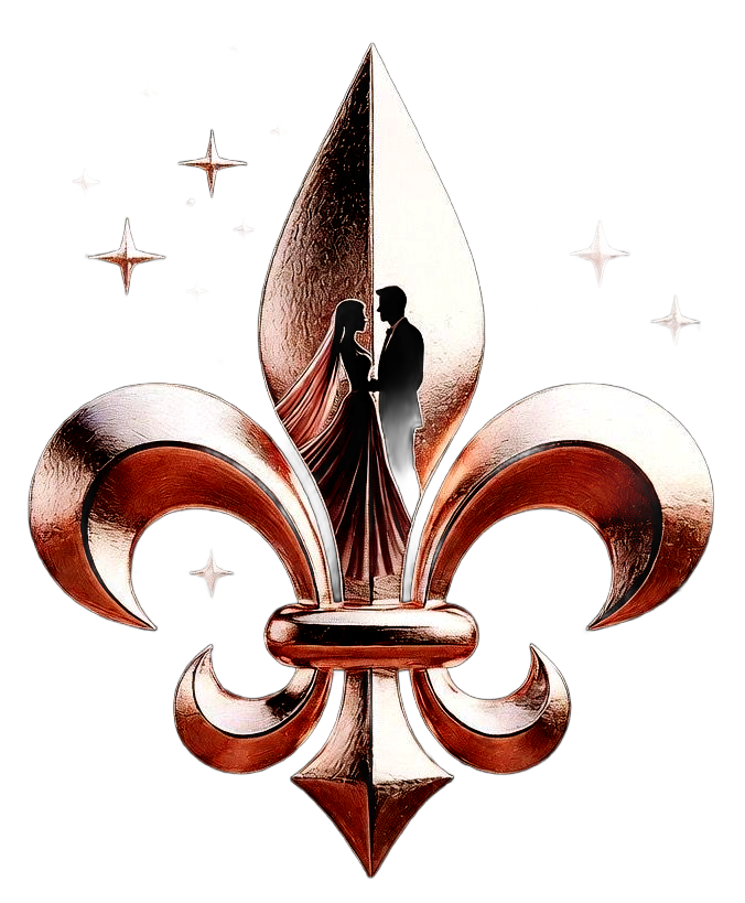 Rose gold fleur-de-lis with bride and groom silhouette and scattered stars.