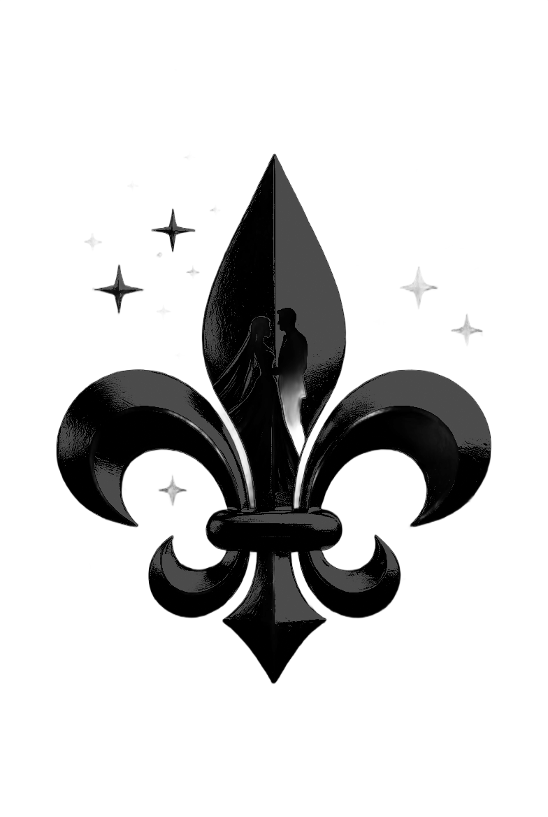 Black fleur-de-lis silhouette with couple inside, surrounded by stars.