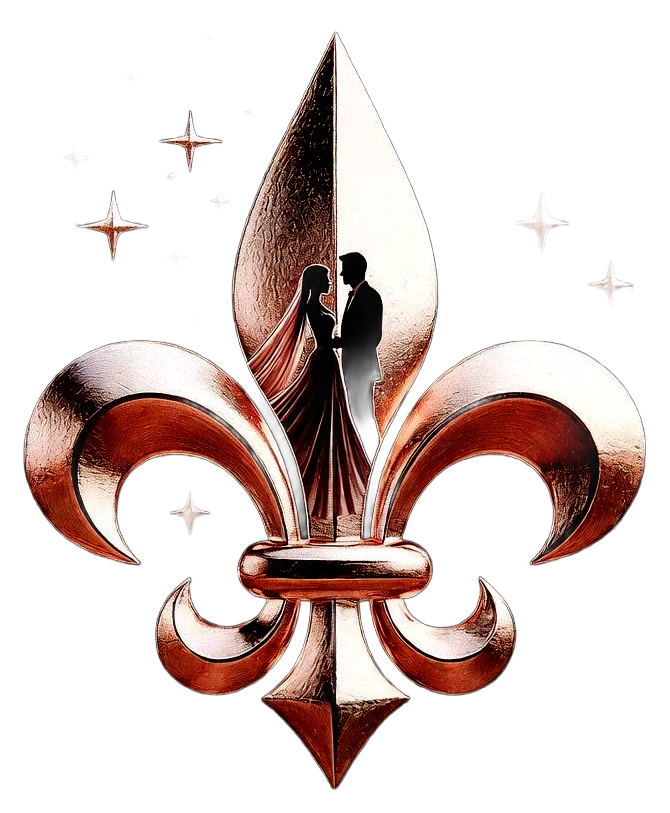 Fleur-de-lis with bride and groom silhouette inside, in copper tones, surrounded by stars.