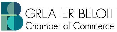 Logo of the Greater Beloit Chamber of Commerce. Green, teal, and navy blue geometric shapes with black text.
