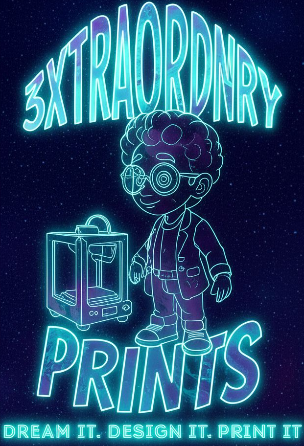 Glowing neon graphic: cartoon figure with 3D printer and text