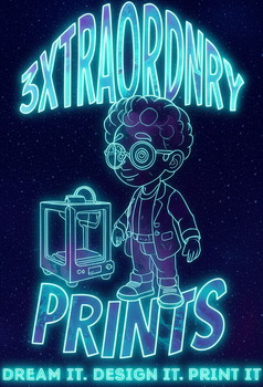Glowing neon graphic: cartoon figure with 3D printer and text 