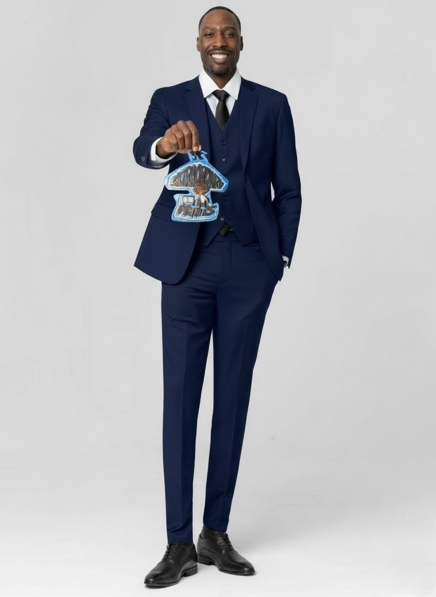 Man in blue suit holds a stylized, two-tone light blue and white trophy against a white backdrop.