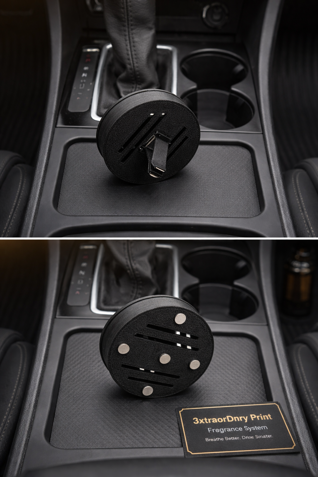 Car interior with fragrance system: air vent and cup holder diffusers, scent bottle, and beads.