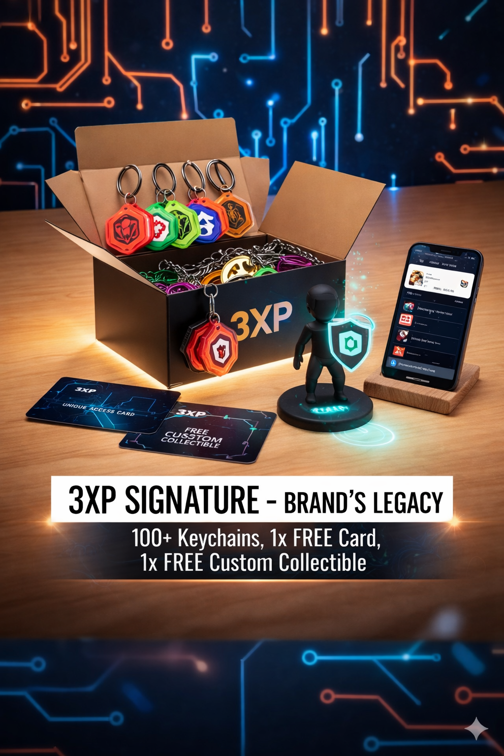 Box of 3XP keychains, phone, collectible figure, and card, with a digital background. Text: 