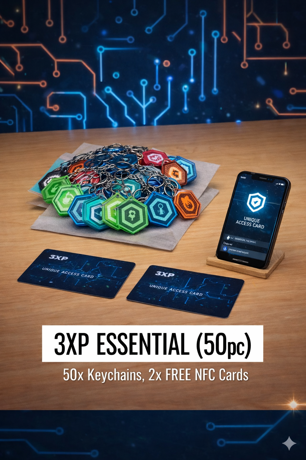 3XP Essential product set: 50 keychains, 2 NFC cards, and phone with app on wood table, circuit board background.