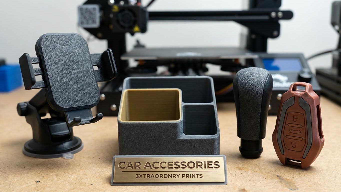 3D-printed car accessories: phone holder, organizer, gear shift knob, car key cover, with 3D printer in background.