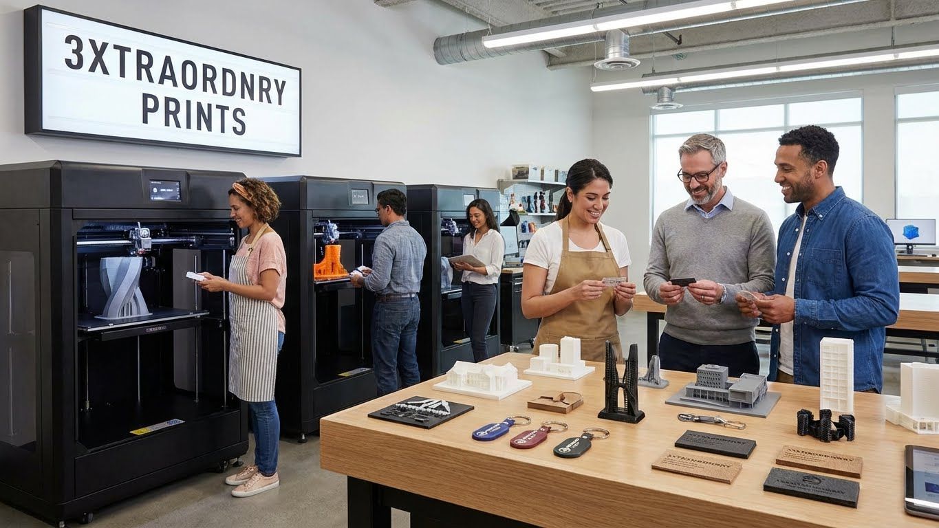 People in a workshop, working with 3D printers, looking at models. 