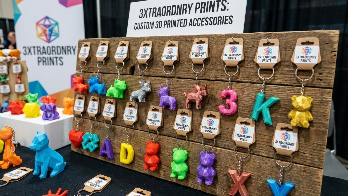 Display of colorful 3D-printed keychains with letters and animal shapes at an event booth; logo 