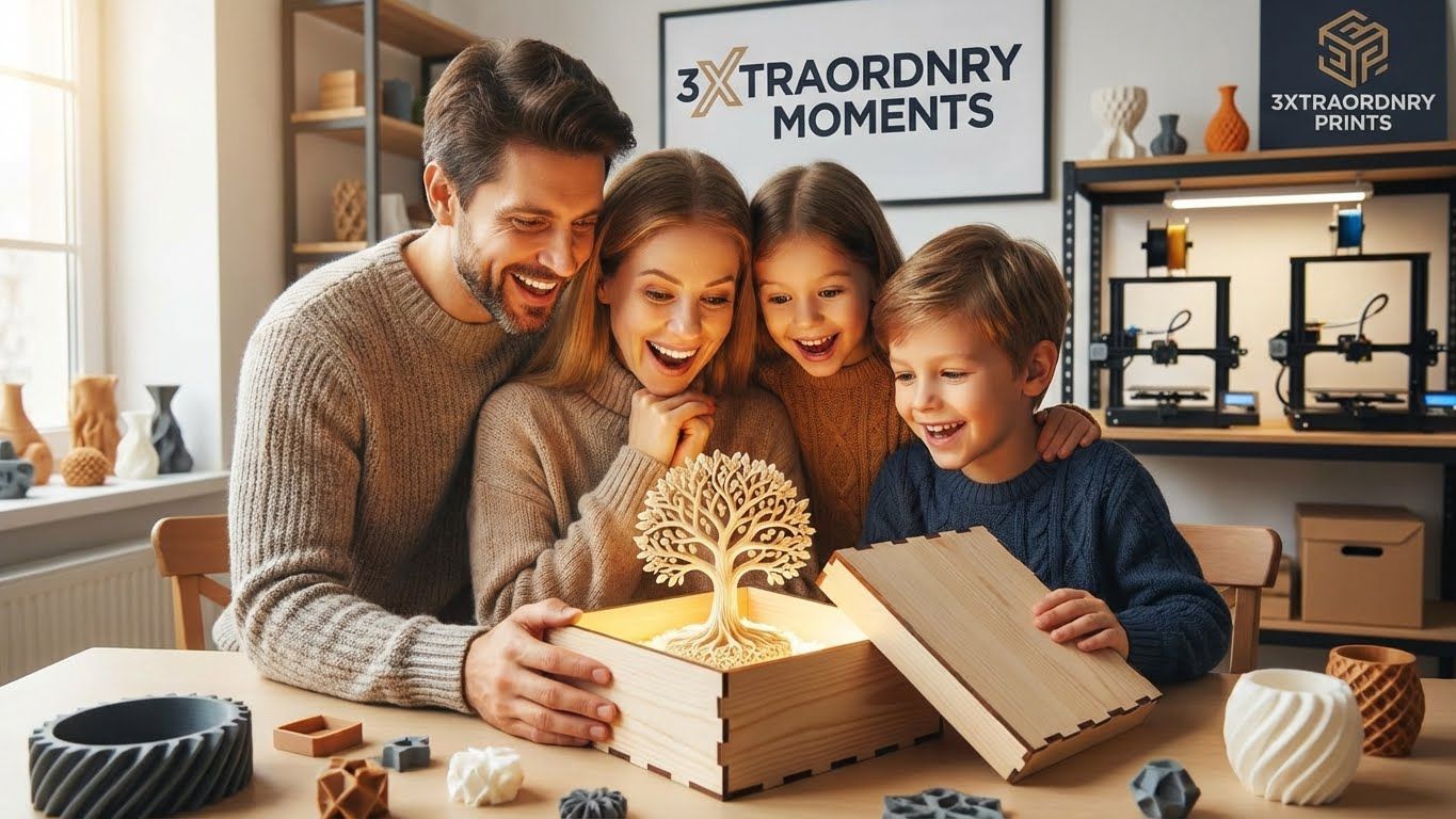 Family excitedly opening a wooden box with a glowing tree inside, smiling. 3D printing studio.