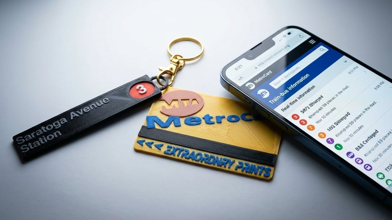 Person holding a MetroCard keychain and smartphone displaying a transit app at a subway station.