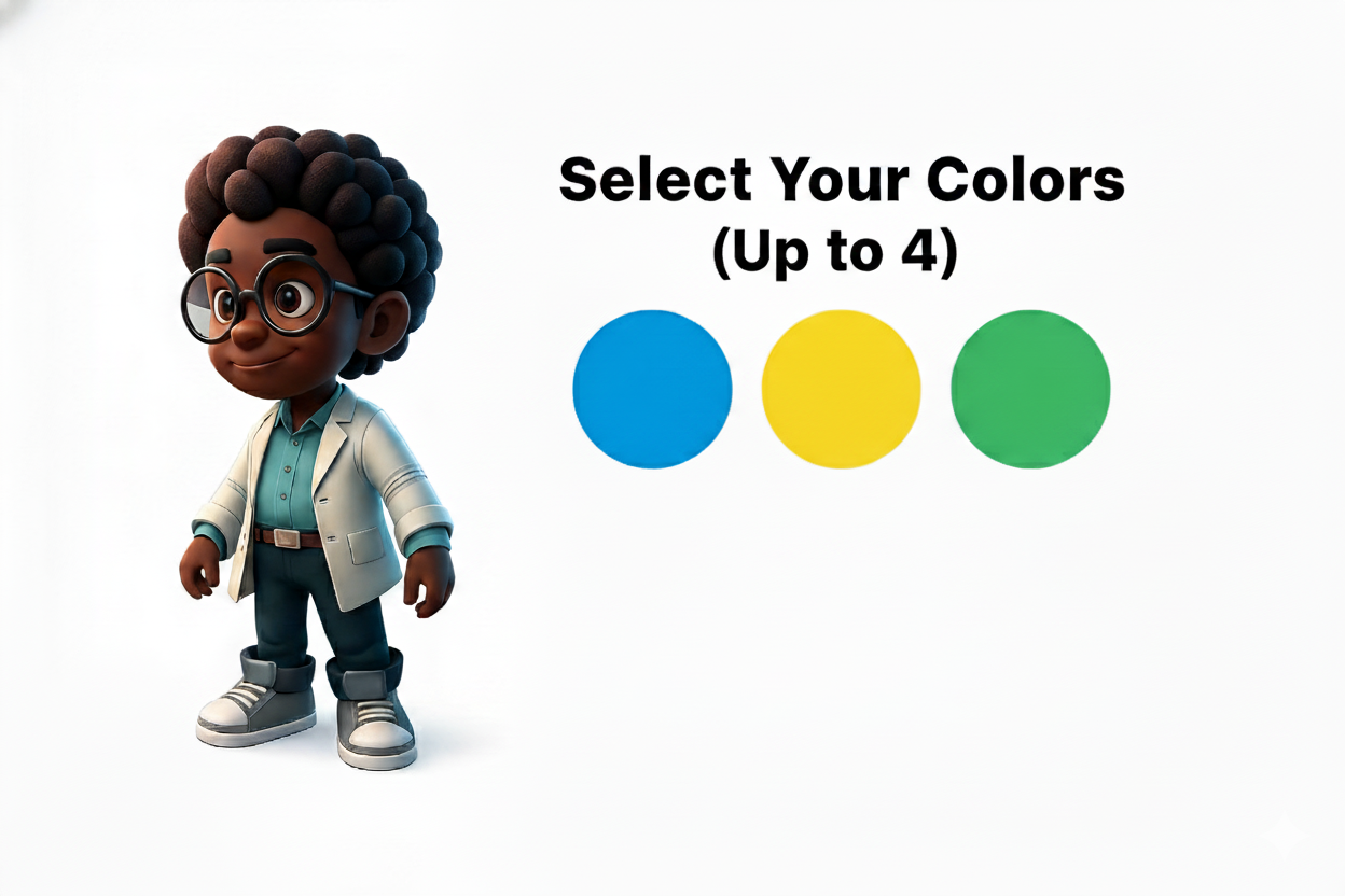 Cartoon scientist with color selection options: blue, yellow, and green.