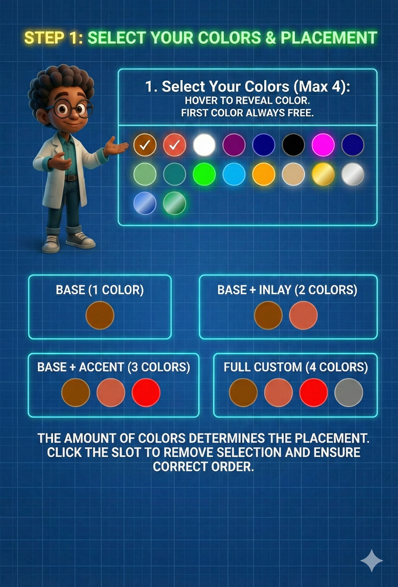 Instructions for color selection: 4 color options, color placement based on amount chosen.