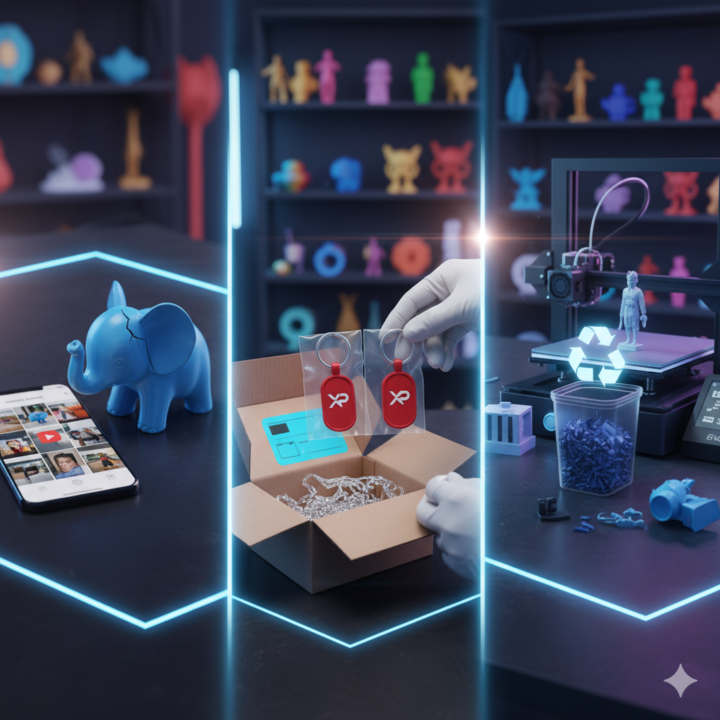 A workshop with a 3D printer, models, a phone, and hands opening a box. Blue and white accents.