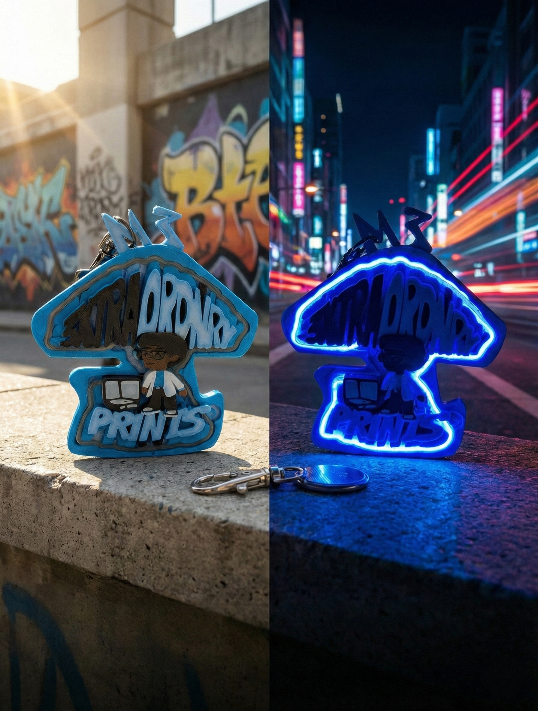 Keychain: Day view against graffiti, night view with blue neon outline, city background.