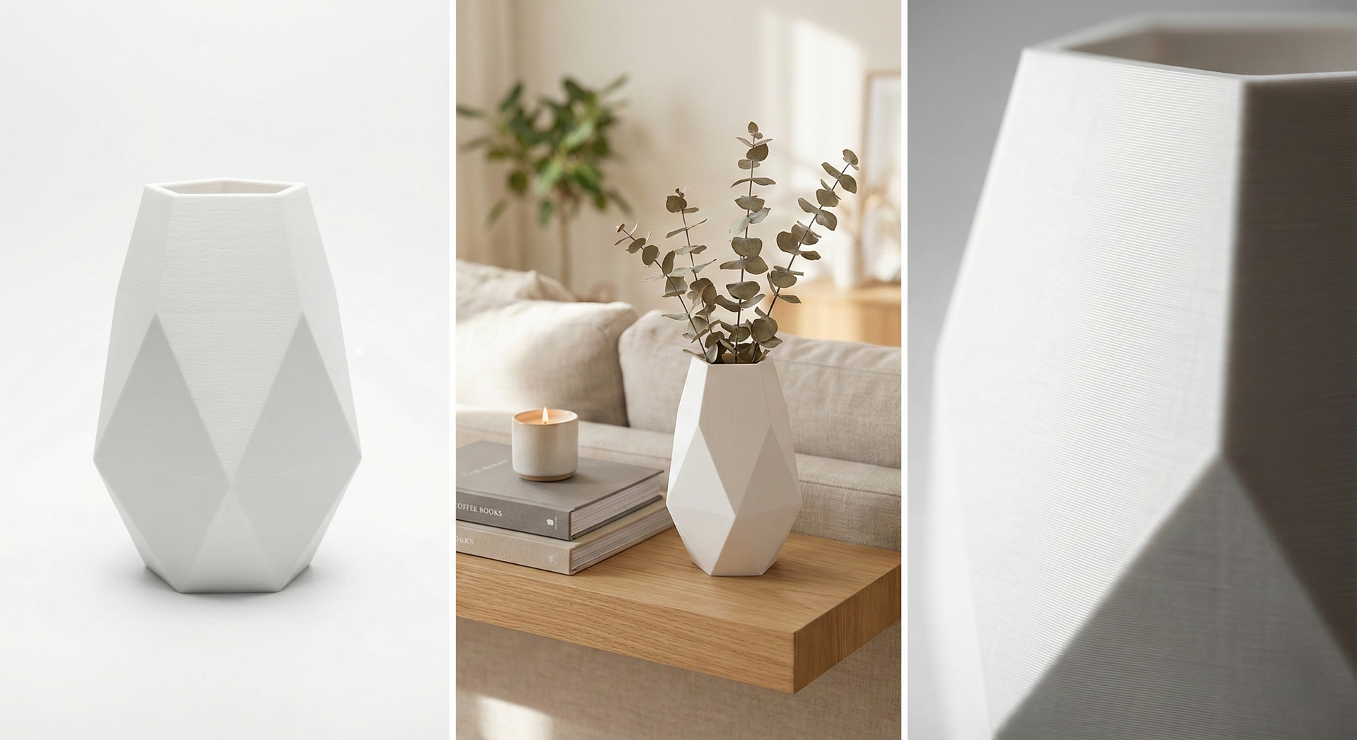 Three white geometric vases, one on a white background, one on a table with eucalyptus, and a close-up.