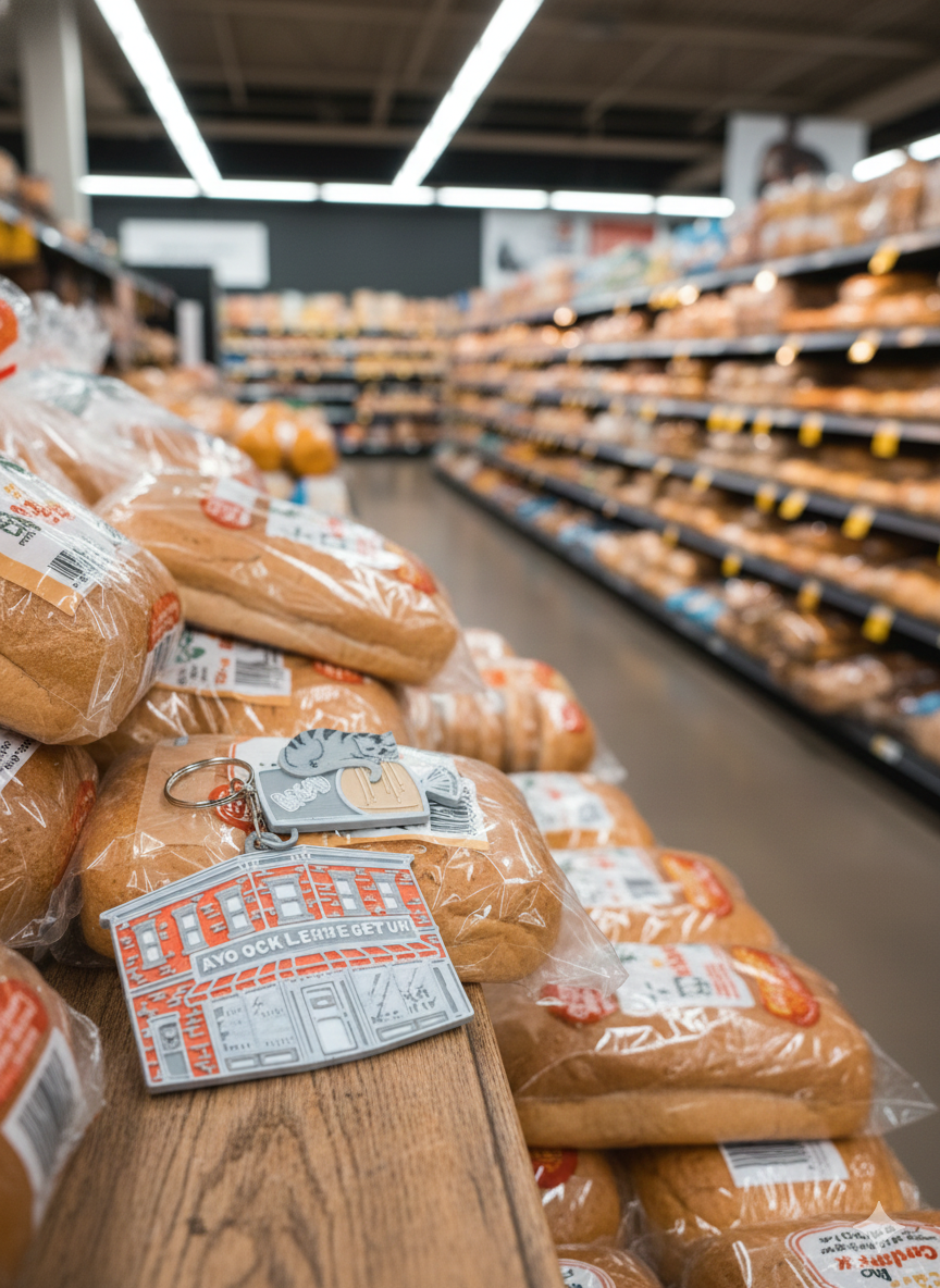 Sandwich on table with building charm, buns, and store shelves in background.