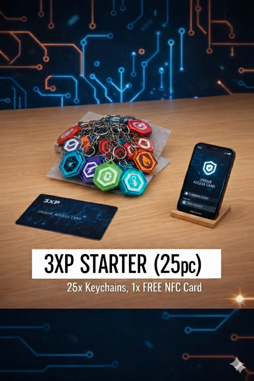 3XP starter kit: 25 keychains, NFC card, smartphone, and ID card on a wood table, against a circuit board graphic.