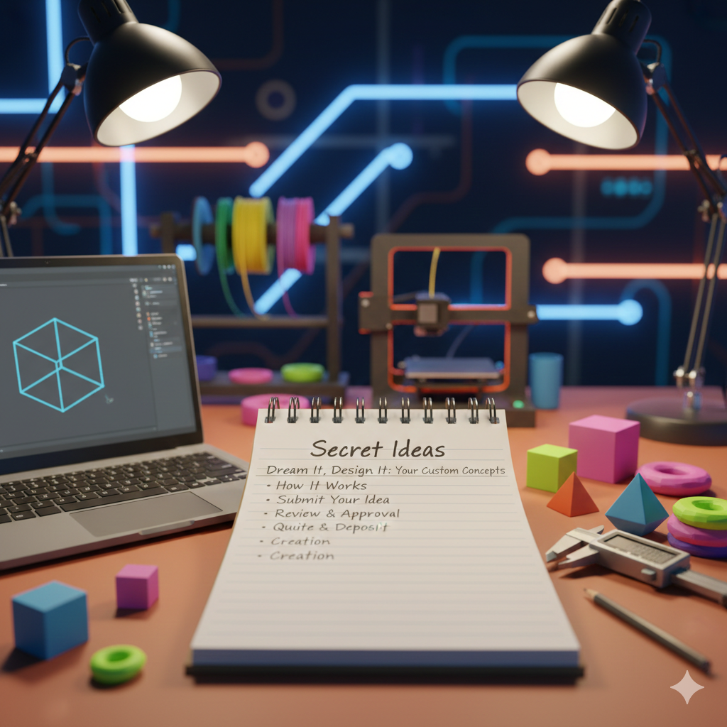 Desk with laptop, 3D printer, and notepad titled "Secret Ideas". Colorful geometric shapes and lamps illuminate the scene.