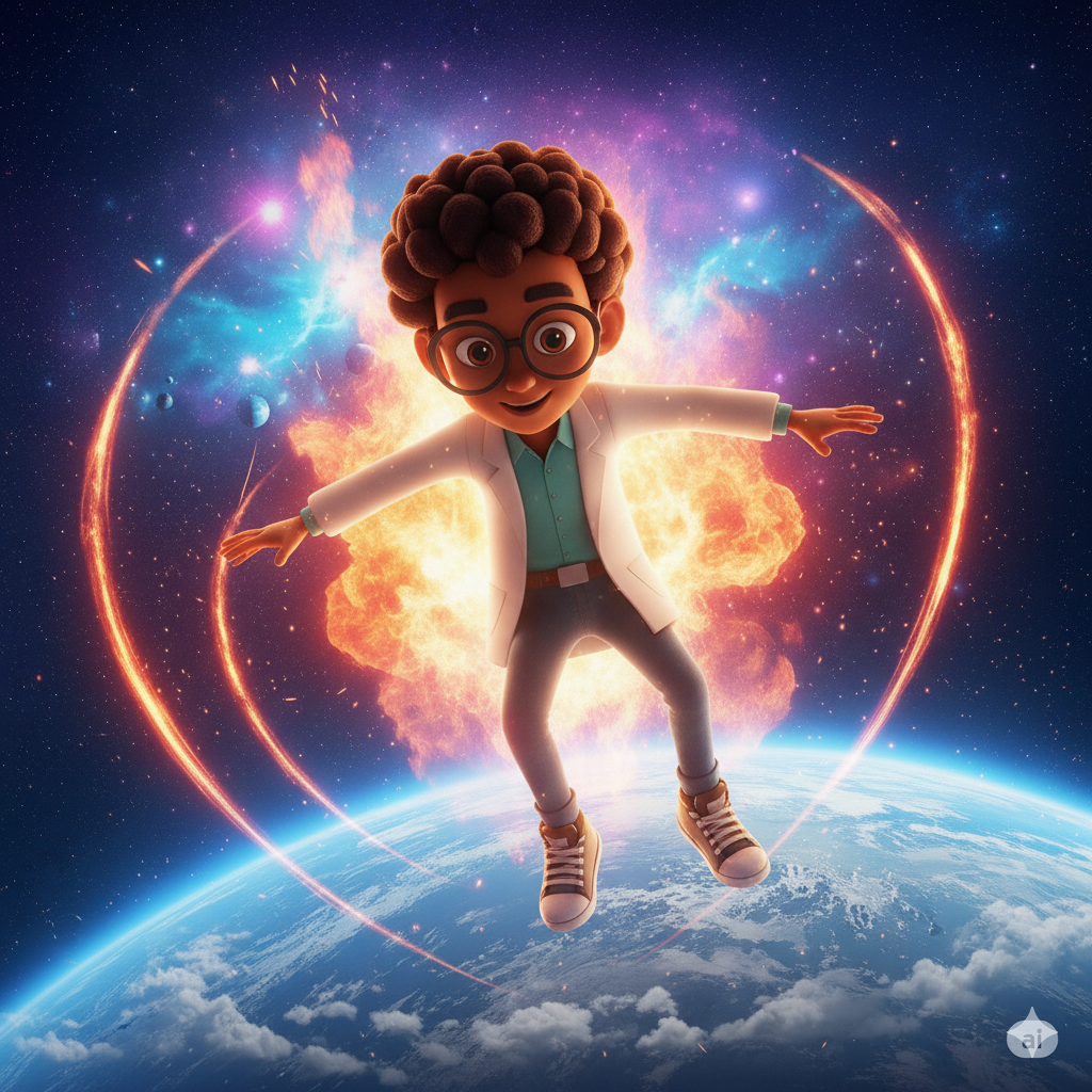 Cartoon boy floating above Earth in space, arms outstretched, with a glowing nebula and energy rings.
