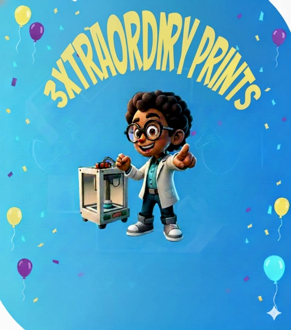 Cartoon person with 3D printer, text