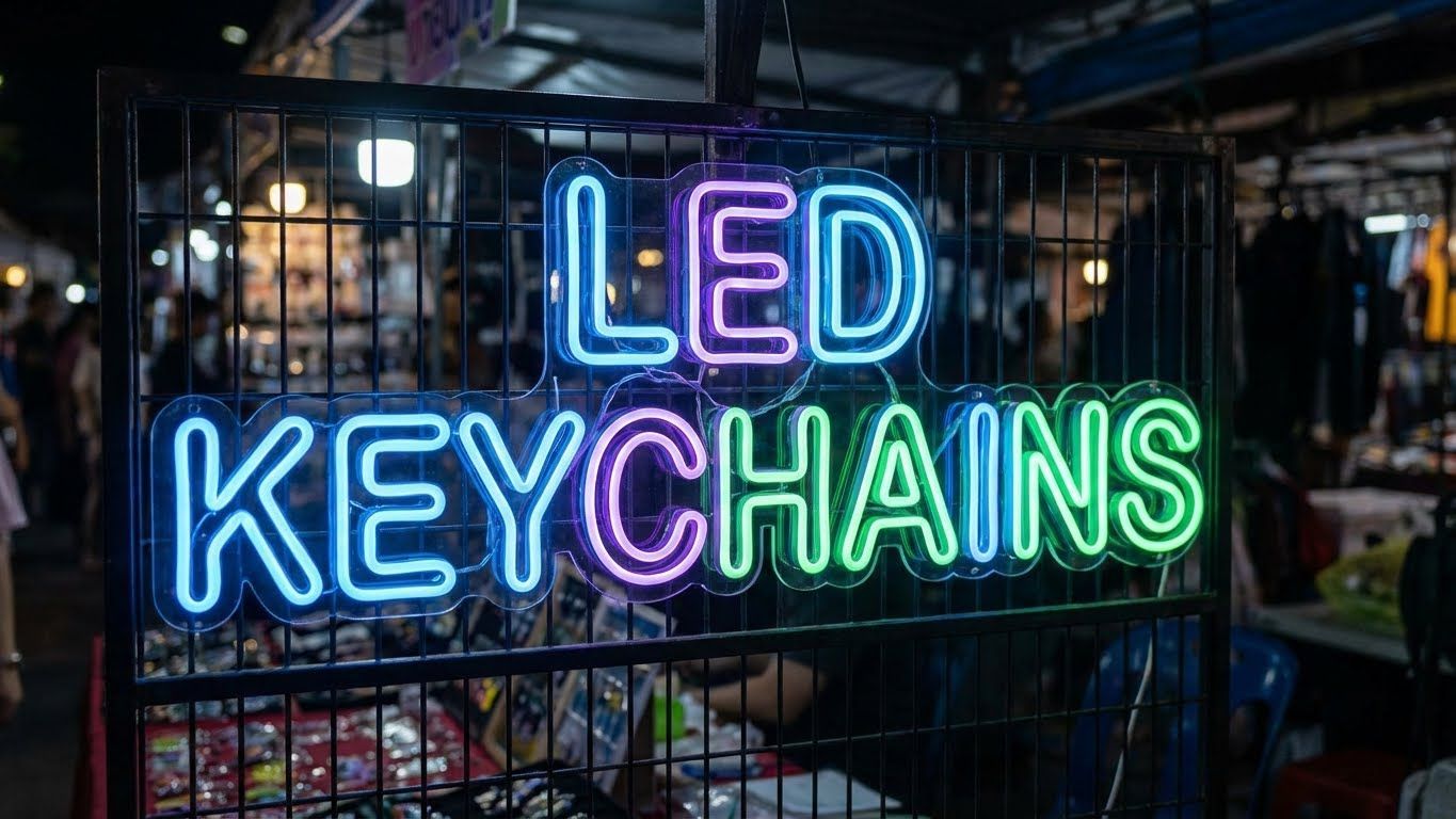 LED keychains sign in blue, pink, and green against a night market backdrop.