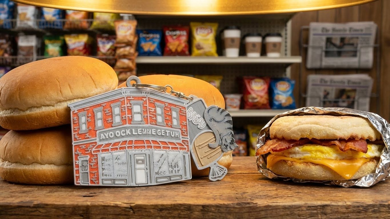 Sandwich on table with building charm, buns, and store shelves in background.