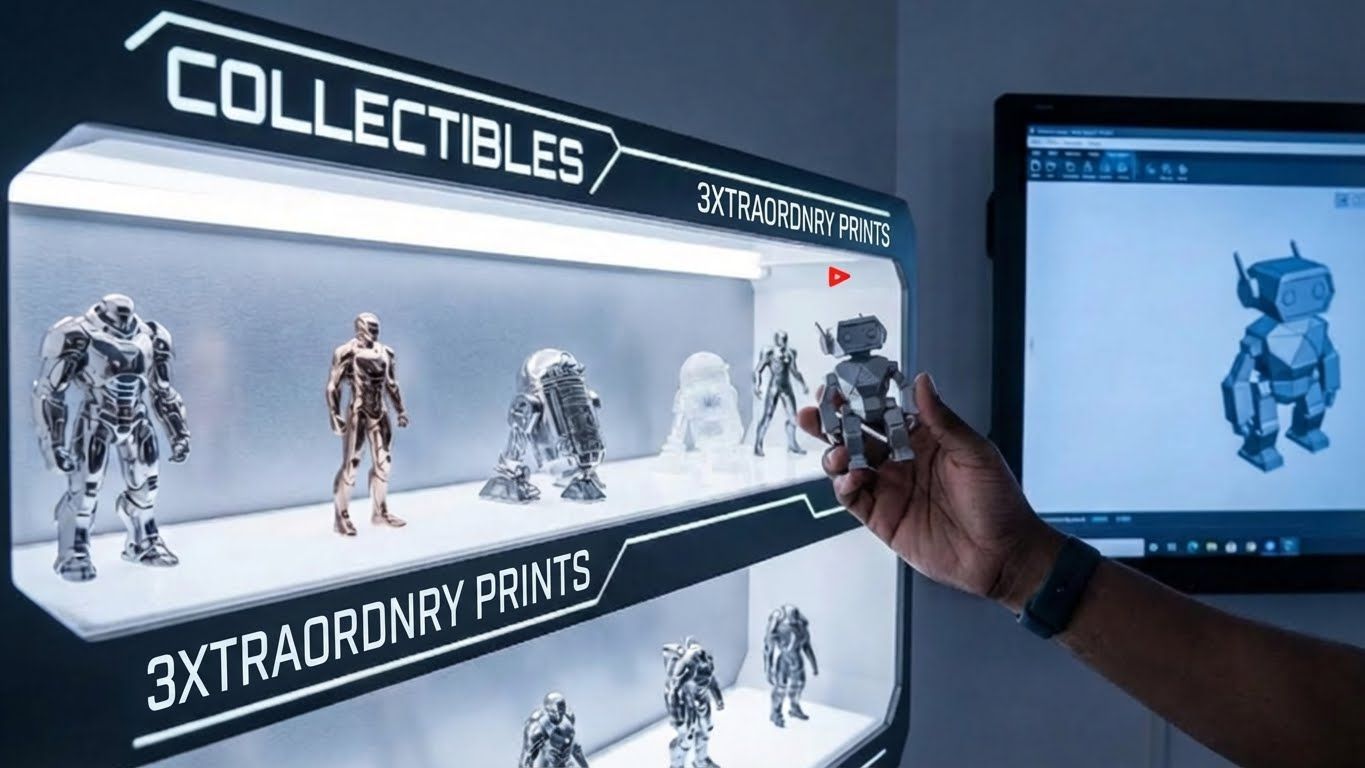 A hand holding a small robot figurine near a display of 3D-printed collectibles. A computer screen shows a robot design.