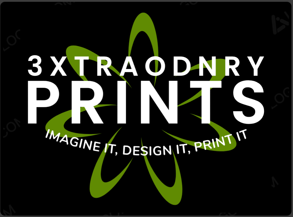 Logo for 3XTRAODNRY PRINTS with green graphic on black background; white text: "IMAGINE IT, DESIGN IT, PRINT IT"