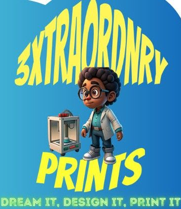 Young character with glasses and lab coat next to a 3D printer, text: Extraordinary Prints.