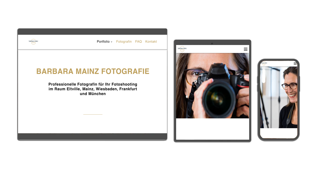 Projekt barbaramainz-fotografie.de der XY110 Internetagentur in drei unterschiedlichen Varianten für Desktop, Tablet und Smartphone.