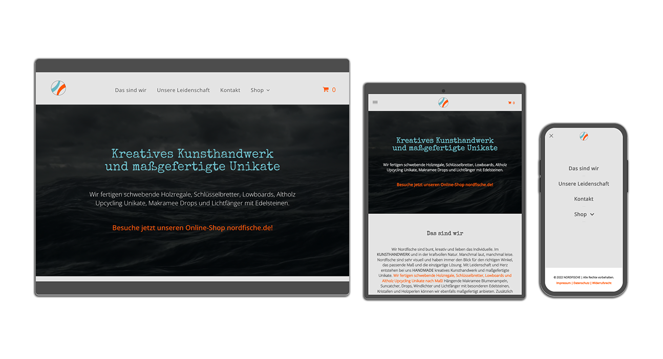 Projekt nordfische.de der XY110 Internetagentur in drei unterschiedlichen Varianten für Desktop, Tablet und Smartphone.