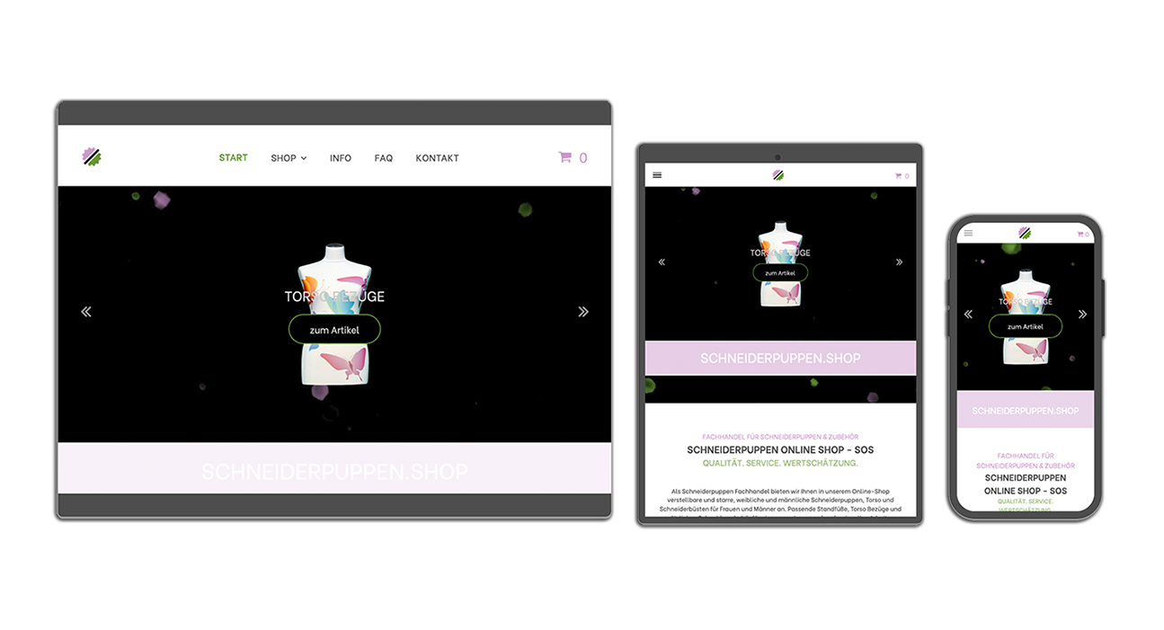 Projekt schneiderpuppen.shop der XY110 Internetagentur in drei unterschiedlichen Varianten für Desktop, Tablet und Smartphone.