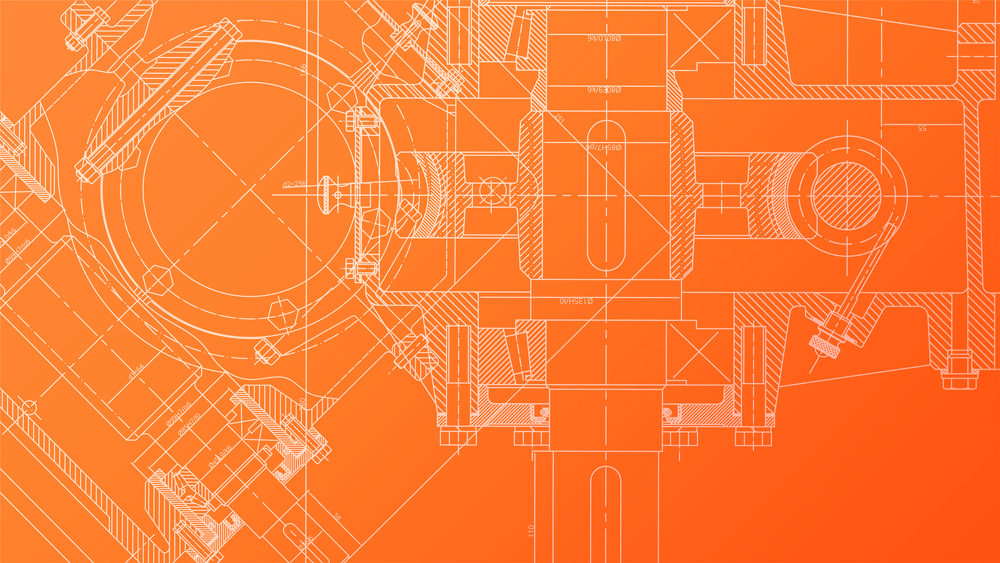 Eine Zeichnung einer Maschine auf orangefarbenem Hintergrund.