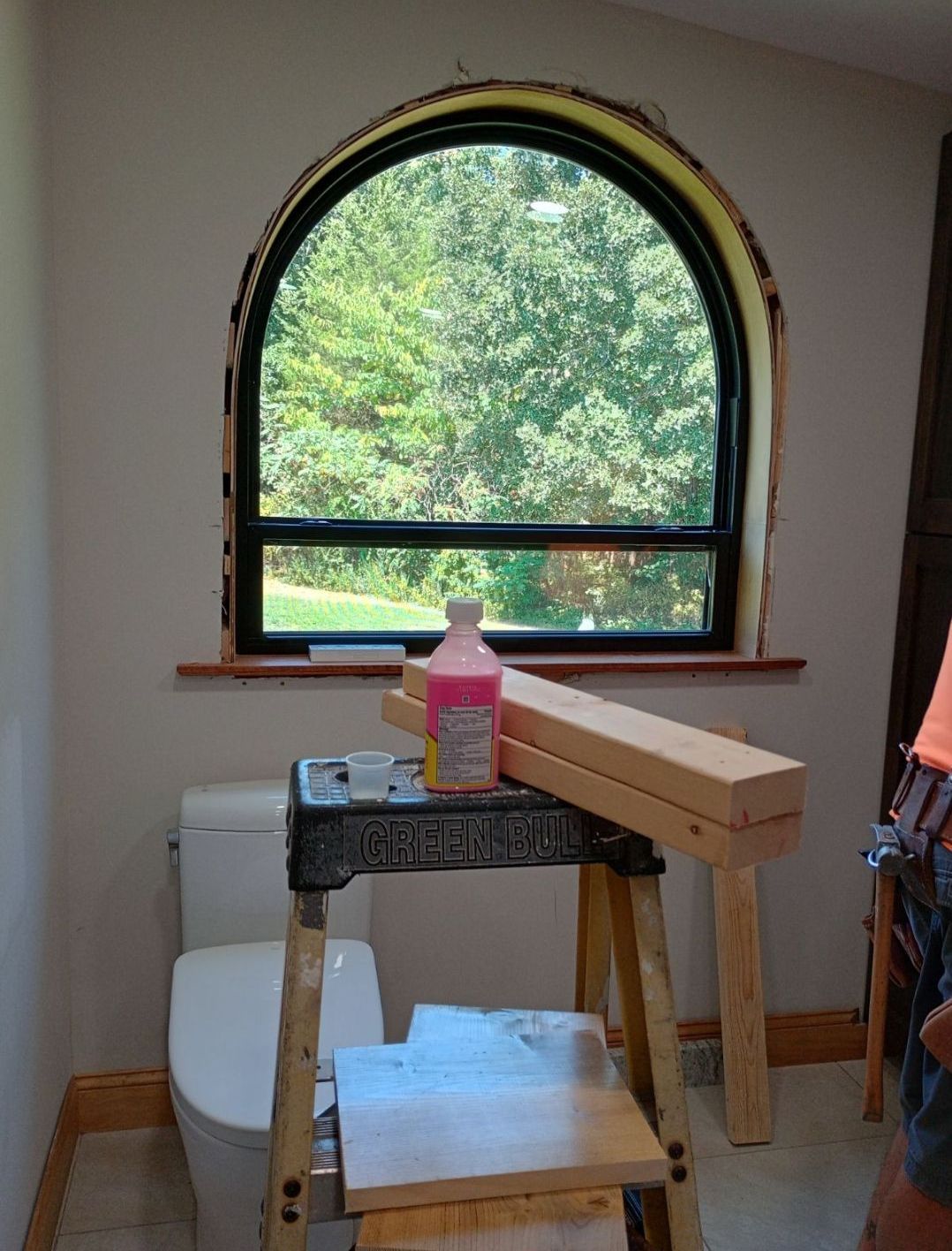 A bathroom with a toilet a ladder and a window
