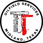 Black circle logo: "Double T" with oil rig in white/black, red bar. "Oilfield Services Midland, Texas."