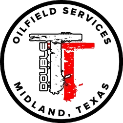 Black circle logo: "Double T" with oil rig in white/black, red bar. "Oilfield Services Midland, Texas."
